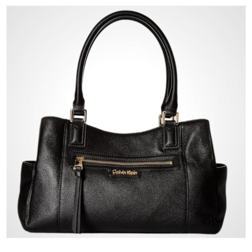 Calvin Klein Black Pebbled Leather Satchel Purse Bag with Gold Accents